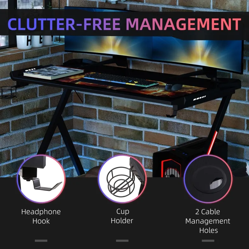 HOMCOM 55" Gaming Desk Racing Style Computer Table with LED Light Cup Gamepad Holder Headphone Hook Cable Management E-sport Study Workstation, Black
