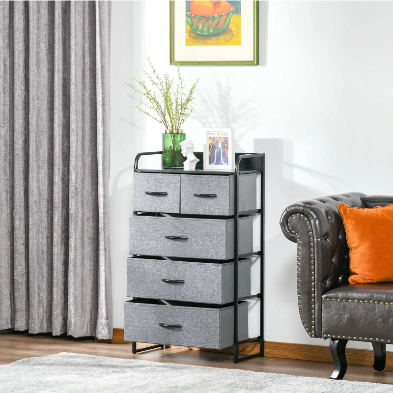 HOMCOM 5-Drawer Dresser Tower Chest of Drawers Organizer with Steel Frame Gray