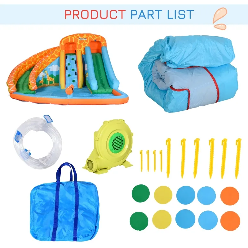 Outsunny Giraffe Style Kids Inflatable Water Slide 4 in 1 Bounce House Slide Pool Gun Climbing Wall with 750W Air Blower for Summer Playland