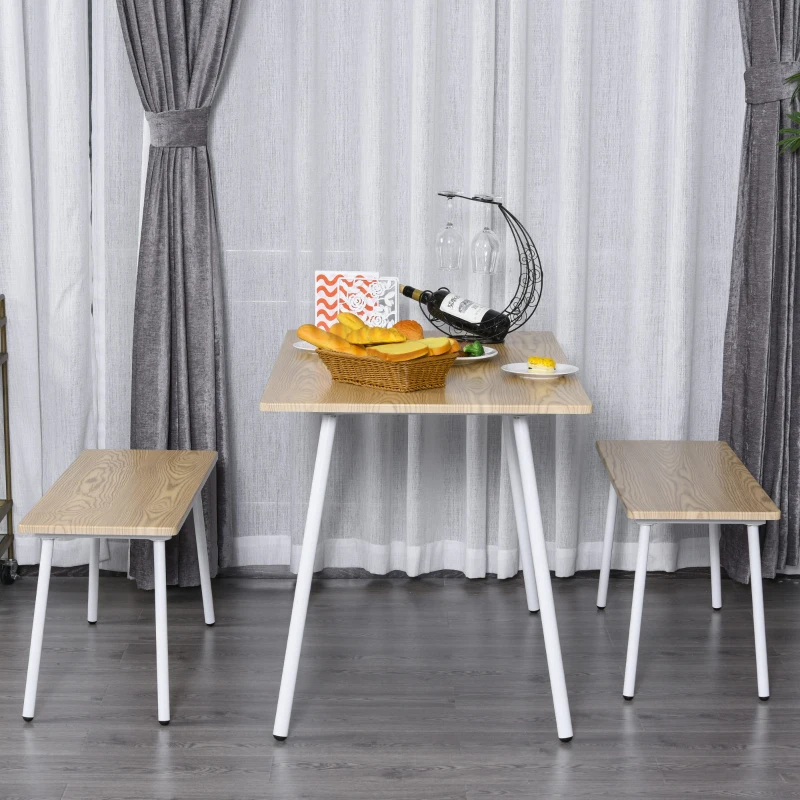 HOMCOM 3 PCs Table Dining Set With 2 Matching Benches P2 Grade MDF Steel Legs Dining Room - Natural