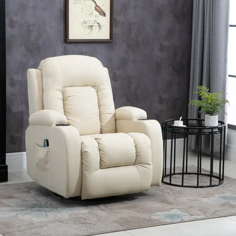 HOMCOM Vibration Massage Recliner Chair for Living Room with Heat,  Swivel Single Sofa, Modern PU Leather Manual Reclining Chair with Footrest, Cream White