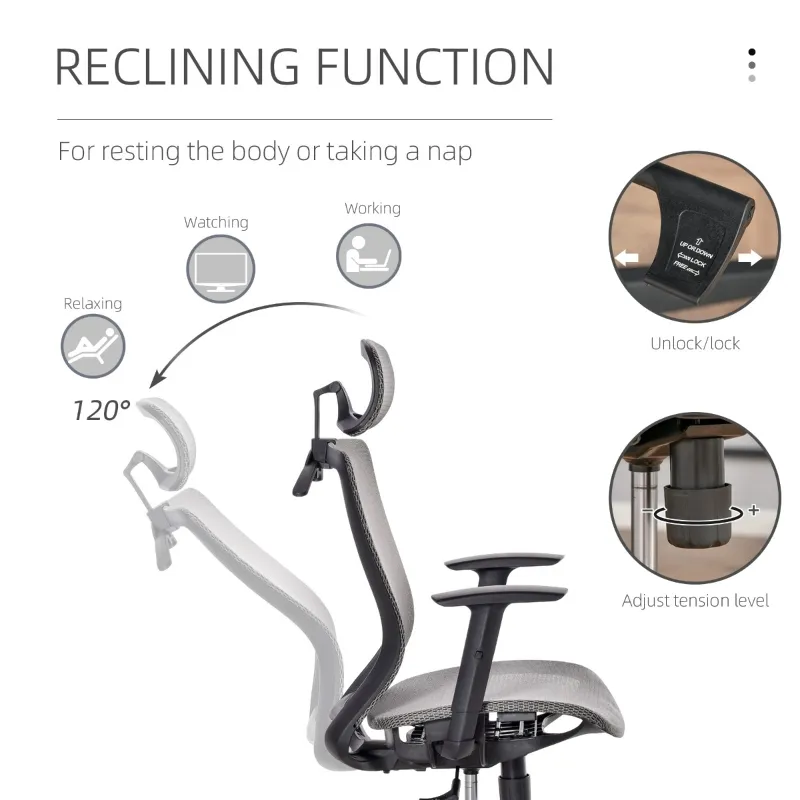 Vinsetto High-Back Mesh Home Office Chair with Coat Hanger, Computer Task Chair with Adjustable Height, Arms, Headrest and Lumbar Support, 360° Wheels and Seat, Reclining Function, Grey