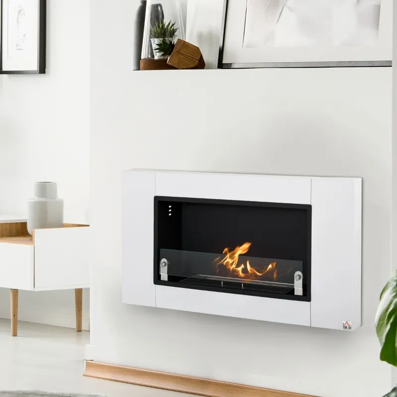 HOMCOM Ethanol Fireplace, 43.25" Wall-Mounted 0.73 Gal Stainless Steel Max 323 Sq. Ft., Burns up to 4 Hours, White