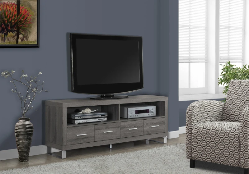 Monarch 60" Contemporary 4-Drawer Open Concept Shelf Reclaimed Wood-Look Storage Console TV Stand - Dark Taupe Finish