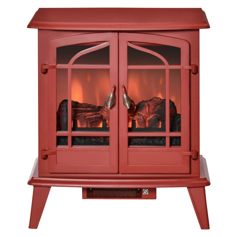 HOMCOM Electric Fireplace Heater, Freestanding Fireplace Stove with Realistic LED Log Flames and Overheating Safety Protection, 1400W, Red