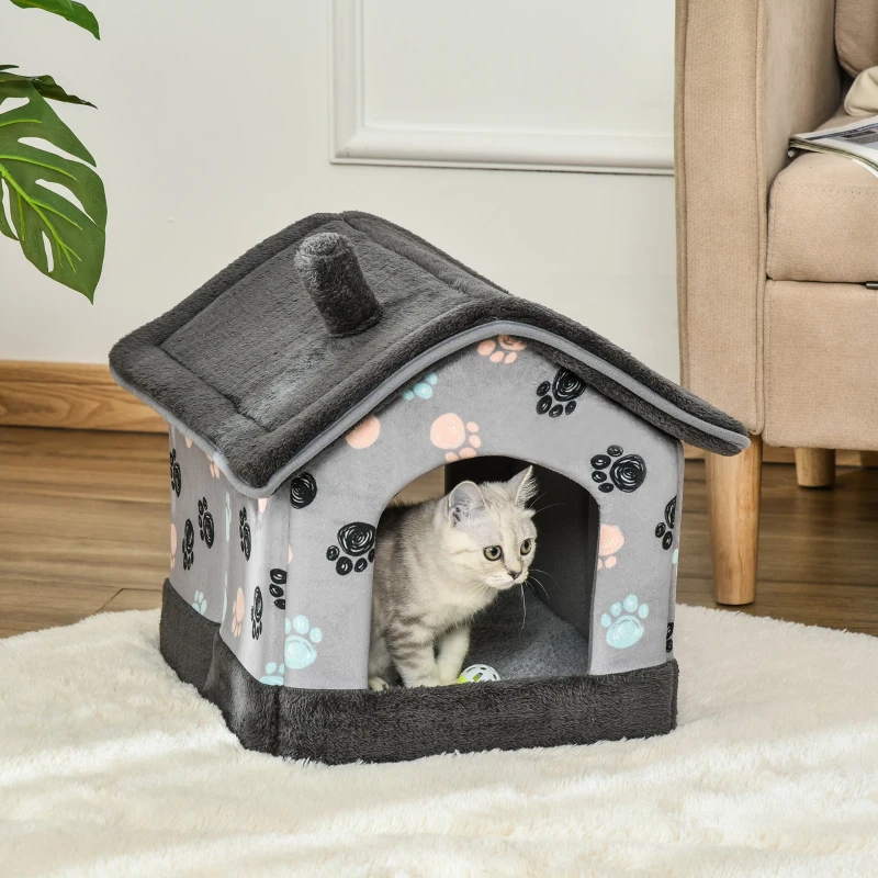 PawHut Heated Cat House Condo, Foldable Enclosed Pet House with Heating Pad for Cats or Small Dogs, Use for Indoor & Outdoor Paw Print Pattern