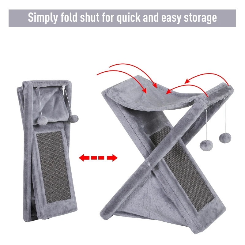 PawHut Fold-and-Store Cat Tower Kitty Activity Tree Center Scratcher Cave Hammock w/Hanging Balls Grey
