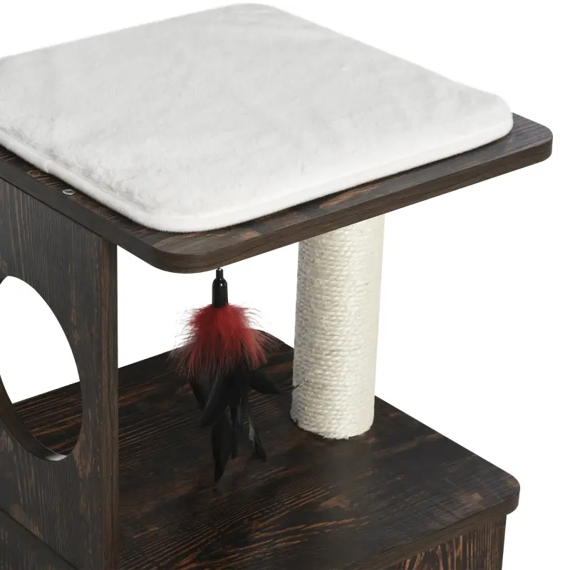 PawHut 2-Level Cat Tree Wooden Activity Tower for Pets with Super Soft Cushions, Fun Cat Feather Rope, and Scratch Posts