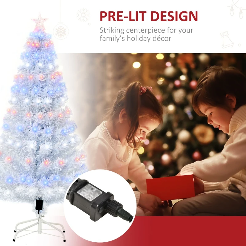 HOMCOM 5ft Prelit Artificial Christmas Tree with LED Lights, Multicolored Fiber Optics and Realistic Branch Tips, White