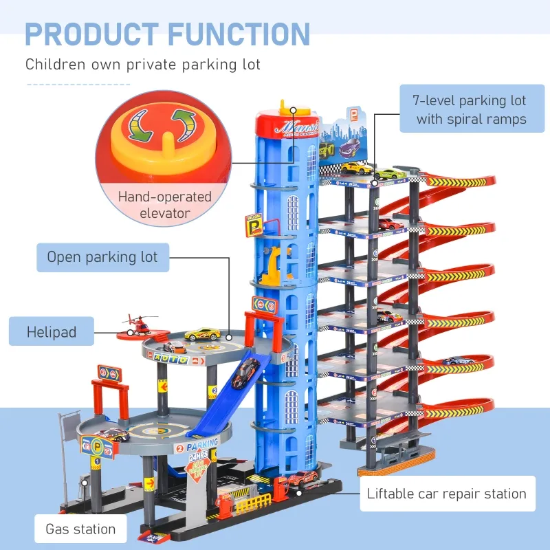 Qaba 7-Level Car Parking Garage Toy Race Tracks Car Ramp Set Toddler Car Games 96PCS w/ Cars & Helicopter Elevator Gas Station Car Repair Station for 3-6 Years Old