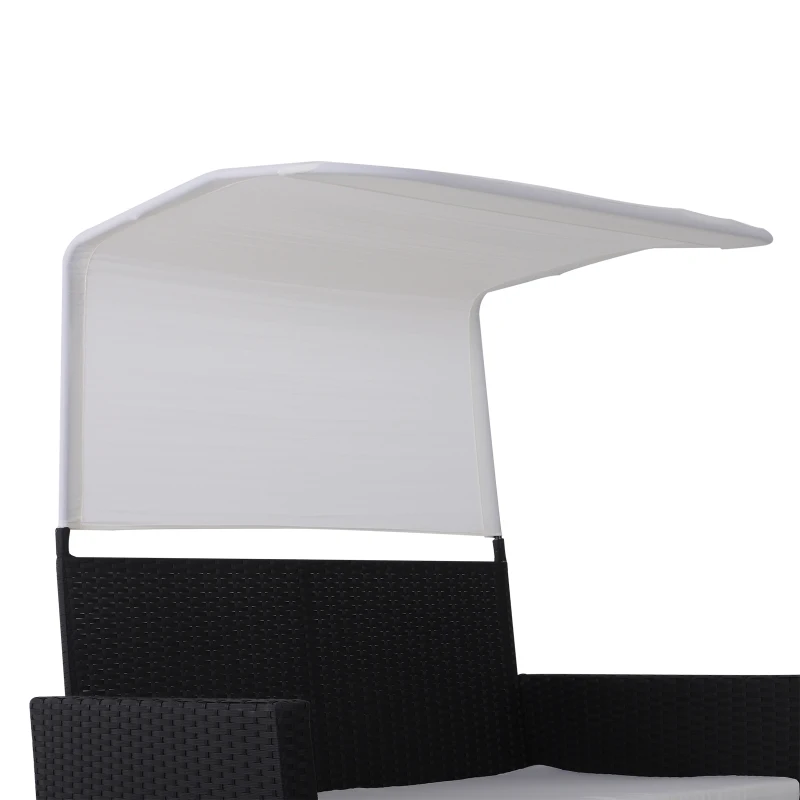 Outsunny 2pcs Wicker Loveseat Ottoman Set Outdoor Rattan Daybed w/ Canopy Garden Chaise Lounge with Shade Black