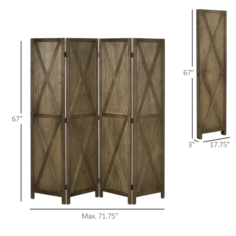 HOMCOM 4 Panel Folding Room Divider, 5.5ft Tall Freestanding Paulownia Wood Wall Divider Panels for Indoor Bedroom Office, Brown