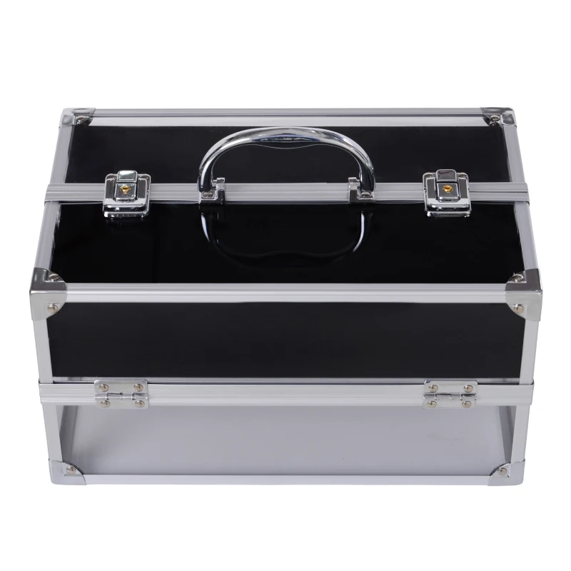 HOMCOM Portable Makeup Case Train Case Lockable Aluminum w/ 4 Trays & Bottom Drawer Sliver