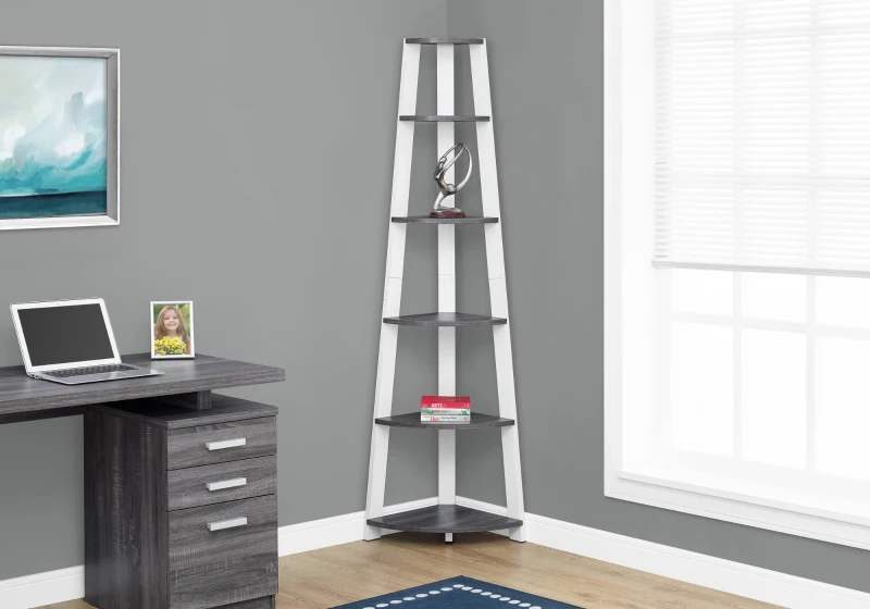Monarch 72" Contemporary 6-Tier Storage Shelf Corner Accent Bookcase - Grey / White Finish