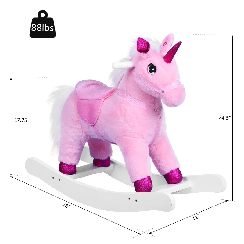 Qaba Unicorn Rocking Horse Toy with Sound for Kids  Wooden Plush Ride-On Rocker Battery Operated - Pink