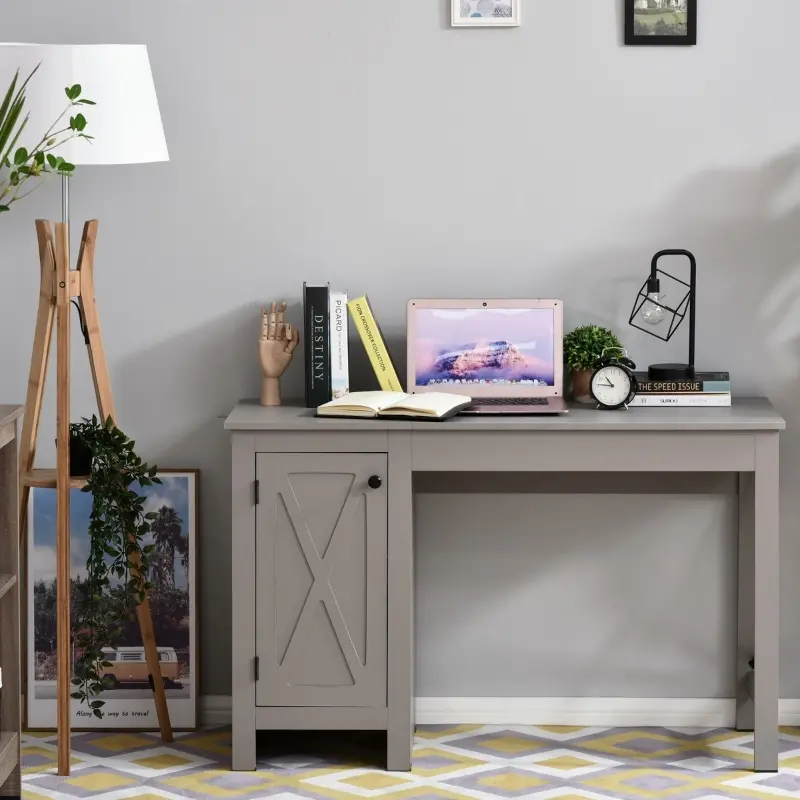 HOMCOM Home Office Writing Desk with Lower Storage Cabinet and X Bar Metal Frame, Grey