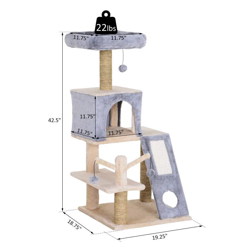 PawHut Cat Tree Tower with Natural Seaweed Scratch Posts Plush Perch  Ladder and Teasing Toy Ball