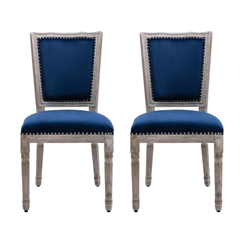 HOMCOM Vintage Upholstered Dining Chairs Set Of 2 with Nailhead Trim , Thick Padded Seat Cushions, and Wood Legs, Blue