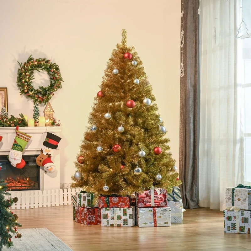 HOMCOM 7.5' Tall Unlit Full Fir Artificial Christmas Tree with Realistic Branches, and 1477 Tips, Gold