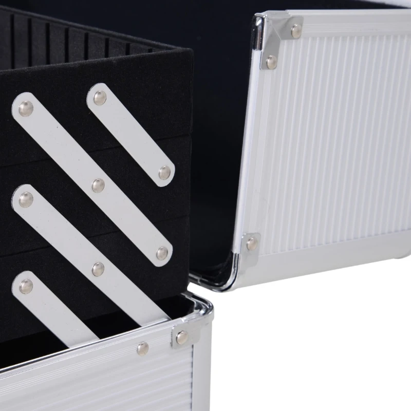 HOMCOM Professional Rolling Full Makeup Travel Train Case, Large Storage Cosmetic Trolley with Folding Trays, Drawer and Locks, Silver