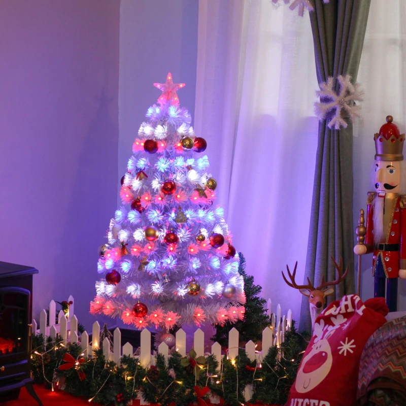 HOMCOM 4ft Fir Artificial Christmas Tree with Realistic Branches, 130 Multi-Color Fiber Optic LED Lights and 130 Tips, White