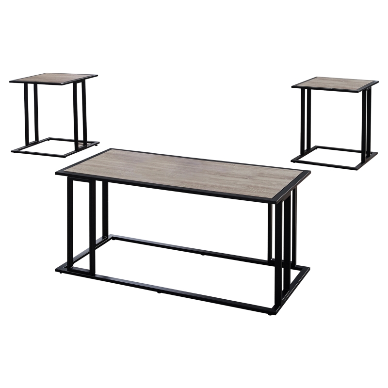 Monarch 3 Piece Modern Minimalist Wood-Look Laminate Coffee Table / Two Matching End Tables Set - Dark Taupe / Black Metal