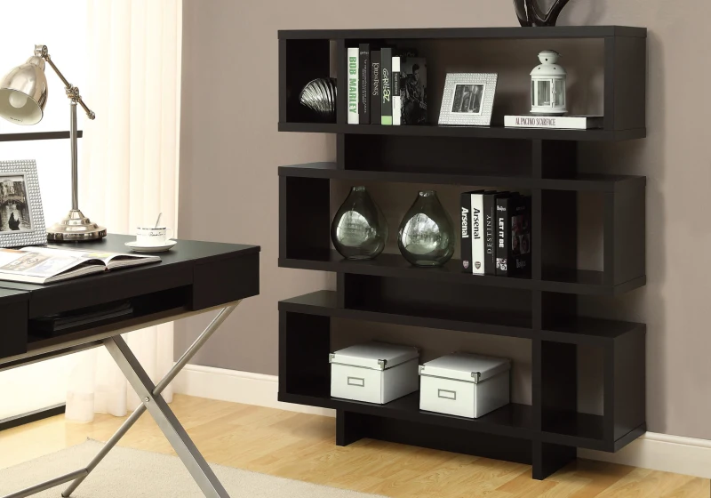 Monarch 55" Modern Hollow-Core 3-Tier Wood Grain-Look Open Shelf Storage Bookcase - Cappuccino Brown Finish