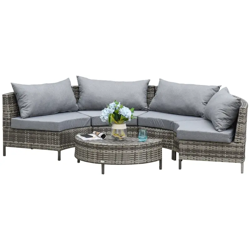 Outsunny 5PC Outdoor Patio Furniture Set Garden Rattan Wicker Sofa Cushioned Half-Moon Seat Deck w/ Pillow Grey