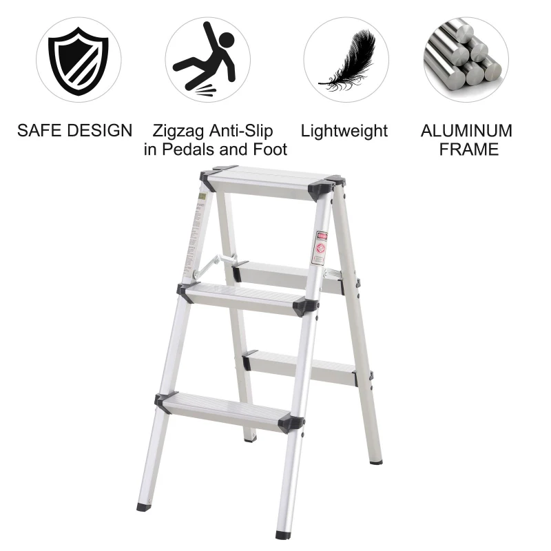 HOMCOM 3-Step Folding Aluminum Step Stool Ladder  Lightweight  330 lbs. Capacity  29" H  Silver