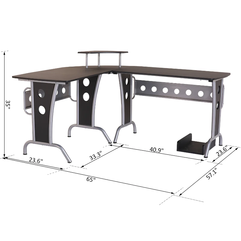 HOMCOM 65" L-Shape Desk Corner Computer Table Space Saving Home Office Wood with CPU Stand Black