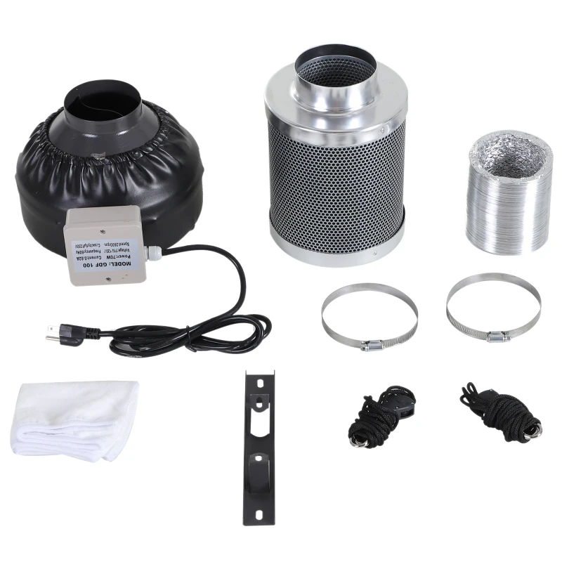DURHAND 4 Inch Inline Fan Carbon Filter Duct Combo 2 Clamps Hydroponics Grow Room Tent Ventilation Kit