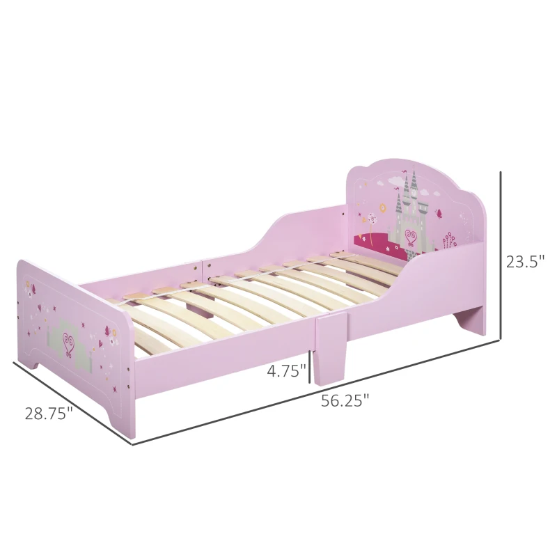 HOMCOM Kids Wooden Bed w/ Castle Pattern Safety Rails Perfect Gift for Toddlers Girls