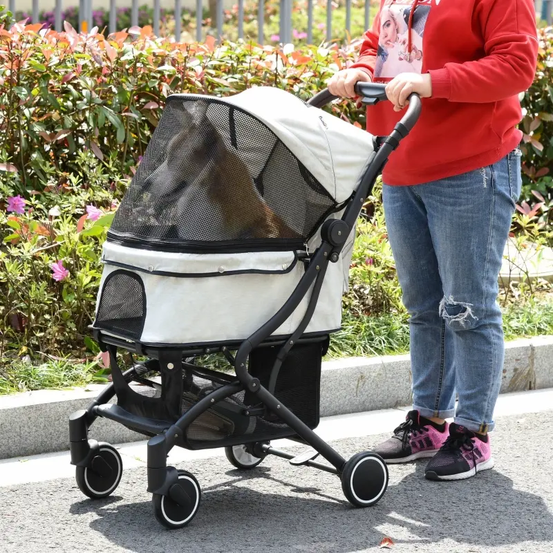 PawHut Travel Pet Stroller for Dogs, Cats, One-Click Fold Jogger Pushchair with Aluminum Frame, EVA Wheels, Brakes, Basket Storage, Safety Belts, Adjustable Canopy, Zippered Mesh Window Door, Beige