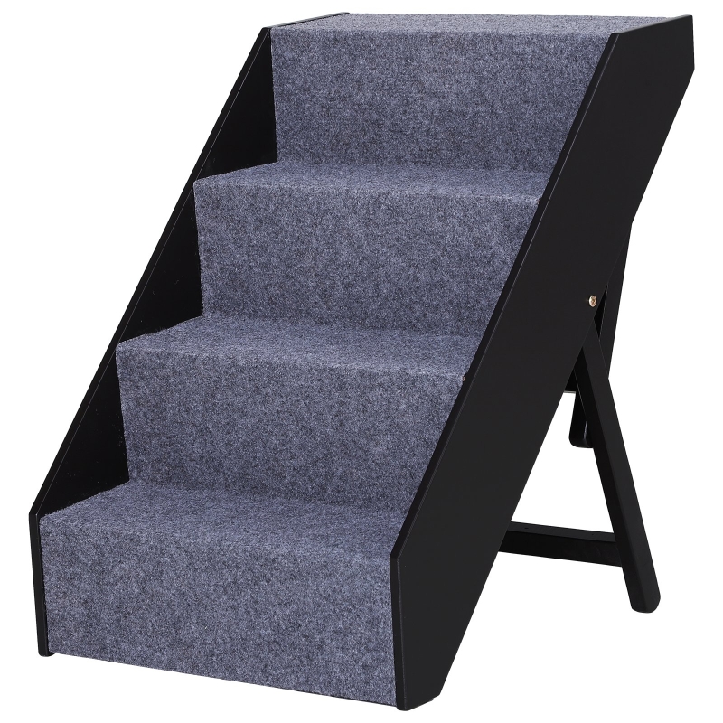 PawHut 4 Step Height Adjustable Folding Pet Stairs for Small to Medium Dogs Wood Felt Fabric - Dark Brown