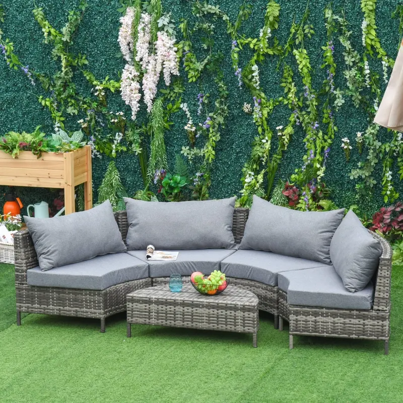 Outsunny 5PC Outdoor Patio Furniture Set Garden Rattan Wicker Sofa Cushioned Half-Moon Seat Deck w/ Pillow Grey