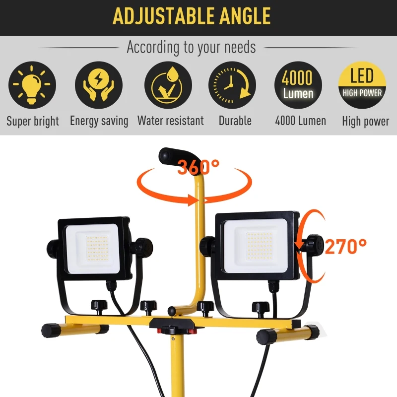 HOMCOM 8,000 Lumen LED Work Lights Dual Head Weather Resistant with Tripod Stand