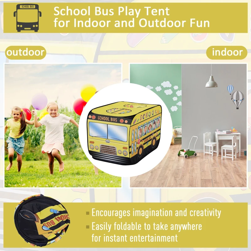 Qaba Kids School Bus Play Tent Pop-up Portable & Foldable Yellow