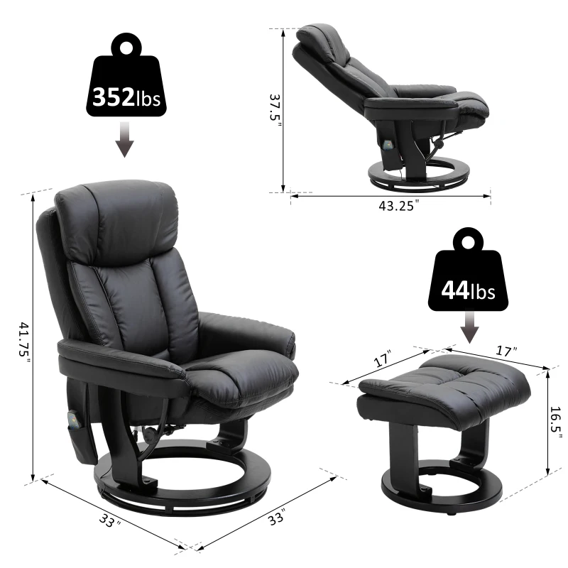 HOMCOM PU Leather Massage Sofa Recliner Chair with Ottoman Heated 10 Point Vibration Swiveling Armchair, Black