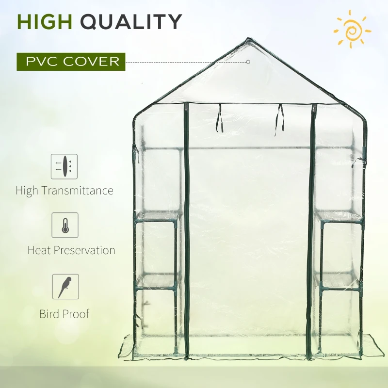 Outsunny 56" x 29" x 77" Mini Greenhouse Walk-in Greenhouse Garden Hot House with 2-Tier Shelving, Roll-Up Door & Weather Cover