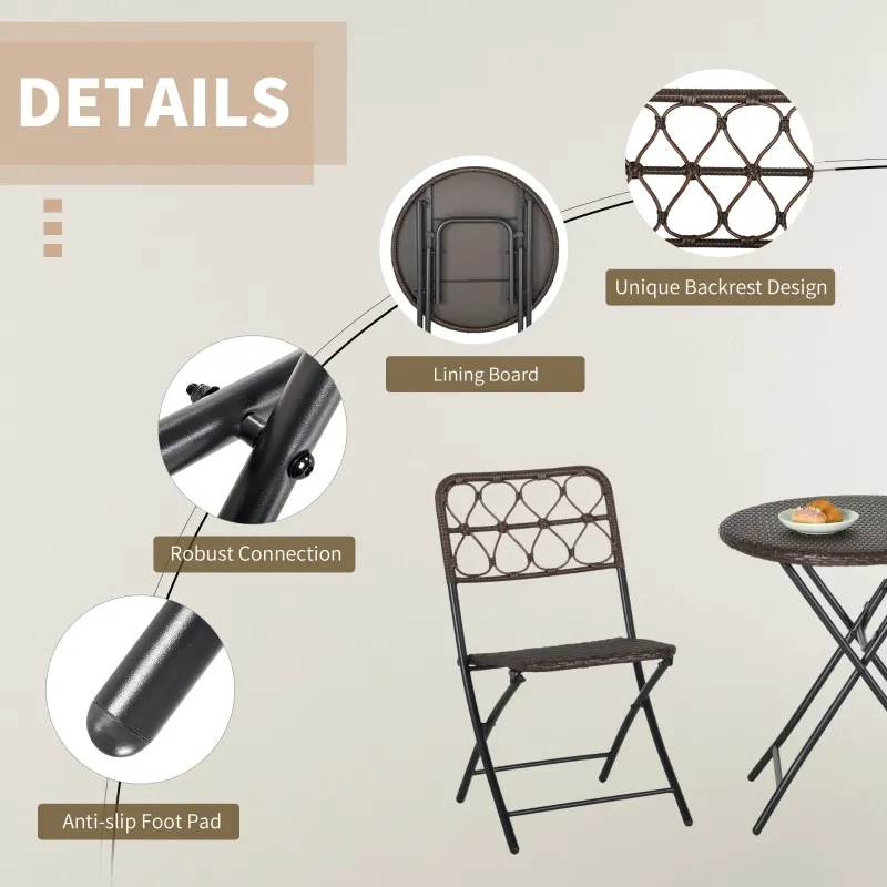 Outsunny 3PC Rattan Wicker Bistro Set w/ Folding Design, Hand Woven Rattan Table and Chairs for Outdoor, Brown