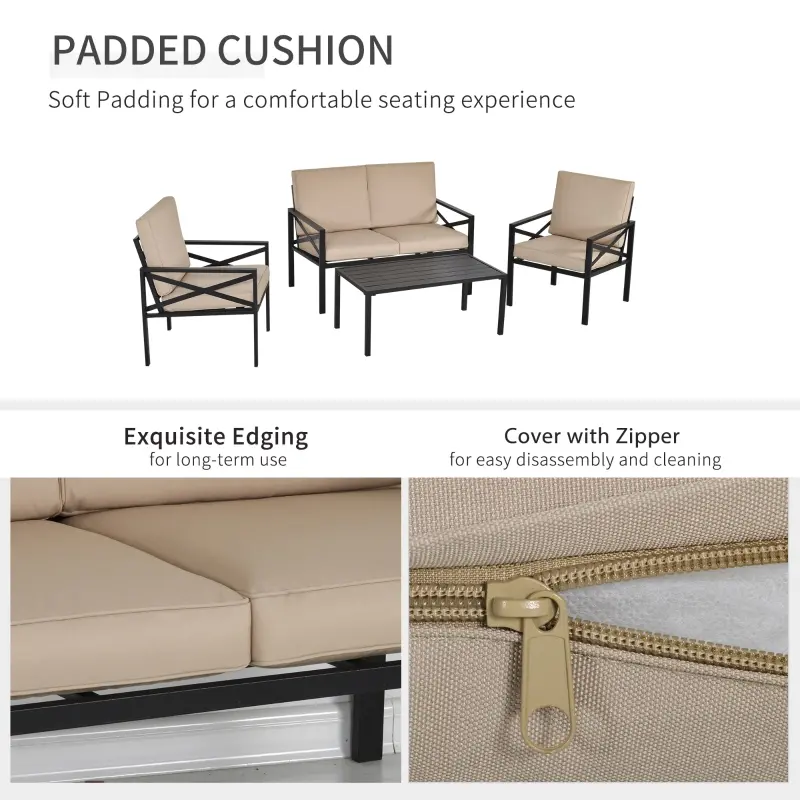 Outsunny 4-Piece Patio Furniture Set Garden Conversation Set with Soft Washable Cushions & Strong Steel Frame, Beige