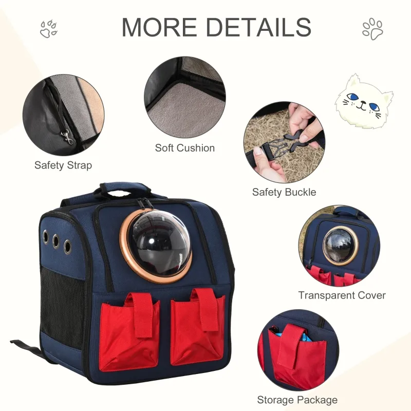 PawHut Foldable Pet Carrier Backpack with Two Storage Packets, Breathable Mesh, Transparent Window & Adjustable Shoulder Strap for Small Cats & Dogs Travel Hiking, Blue