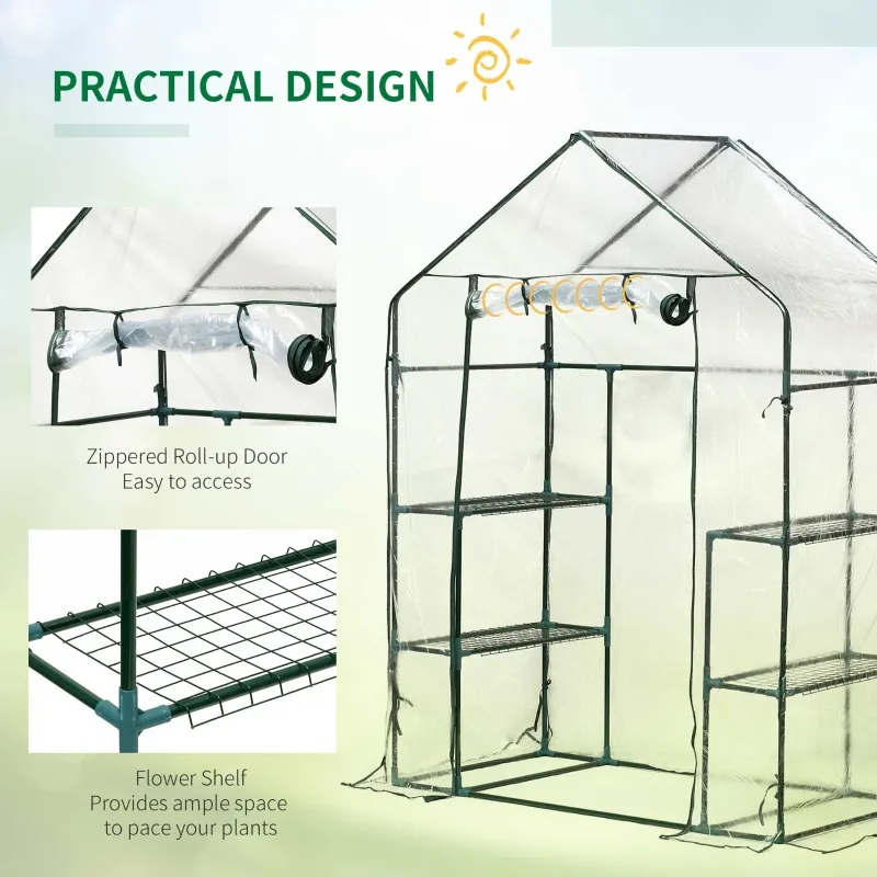 Outsunny 56" x 29" x 77" Mini Greenhouse Walk-in Greenhouse Garden Hot House with 2-Tier Shelving, Roll-Up Door & Weather Cover