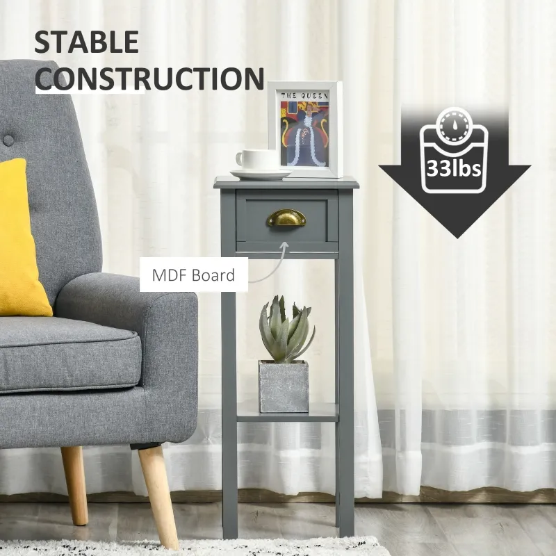 HOMCOM 2-Tier Tall Side Table, Nightstand End Table w/ Drawer & Bottom Shelf for Living Room, Bedroom, Gray