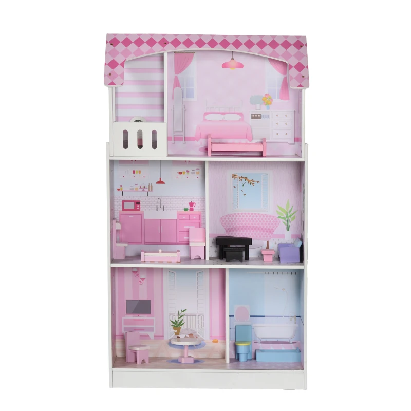 Qaba 2-in-1 Multifunctional Kitchen & Dollhouse Toy for Kids & Toddlers with Included Accessories, & Simulated Design