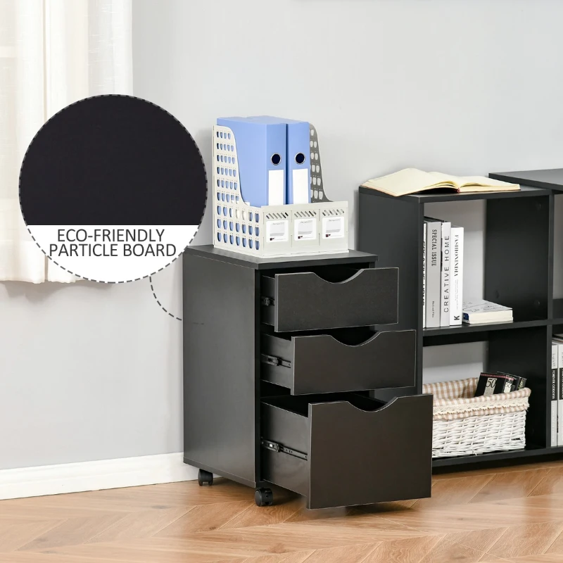 HOMCOM 3 Drawer Mobile File Cabinet with Wheels, Wood Filing Cabinet for Home Office, Rolling Under Desk Cabinet, Black