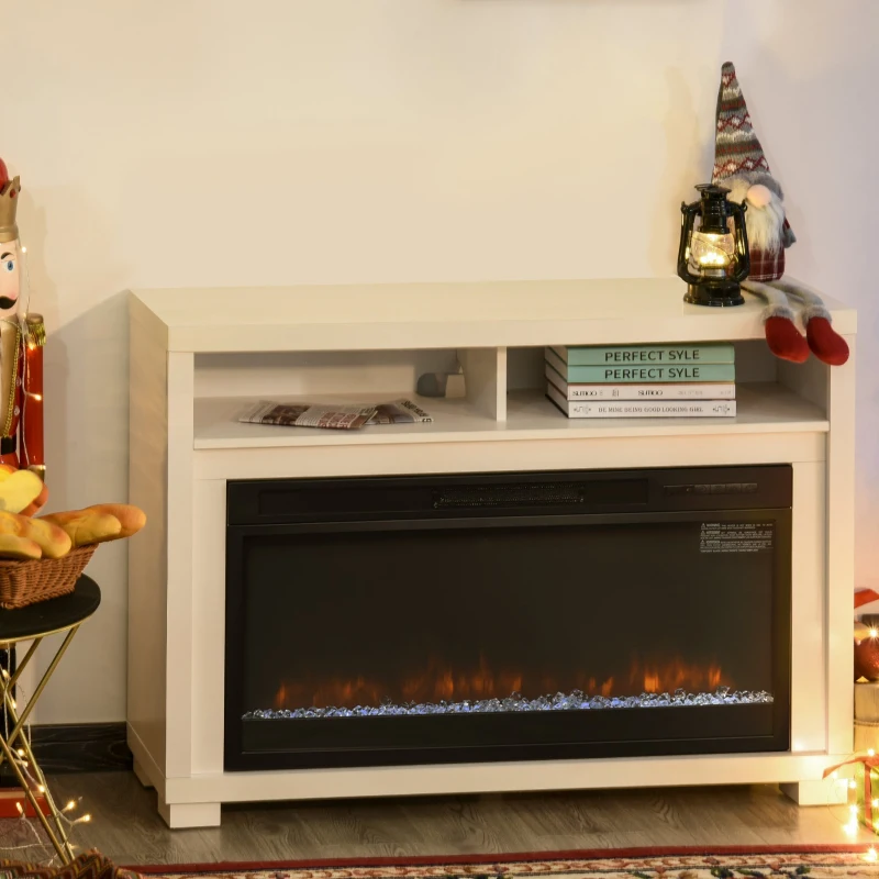 HOMCOM 43.75" W x 31.5" H Electric Fireplace Mantel TV Stand, Media Console Center Cabinet with Two Shelves and Remote Control, White