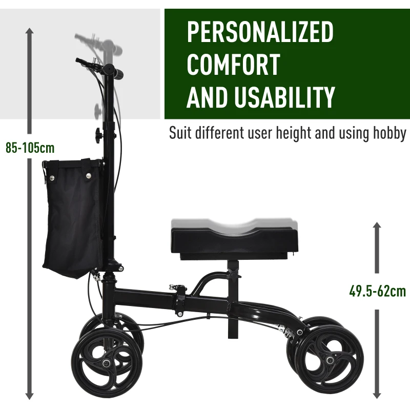 HOMCOM Knee Walker w/ Basket Safety Lock Crutch Alternative PU Seat Rehabilitating Rollator Black