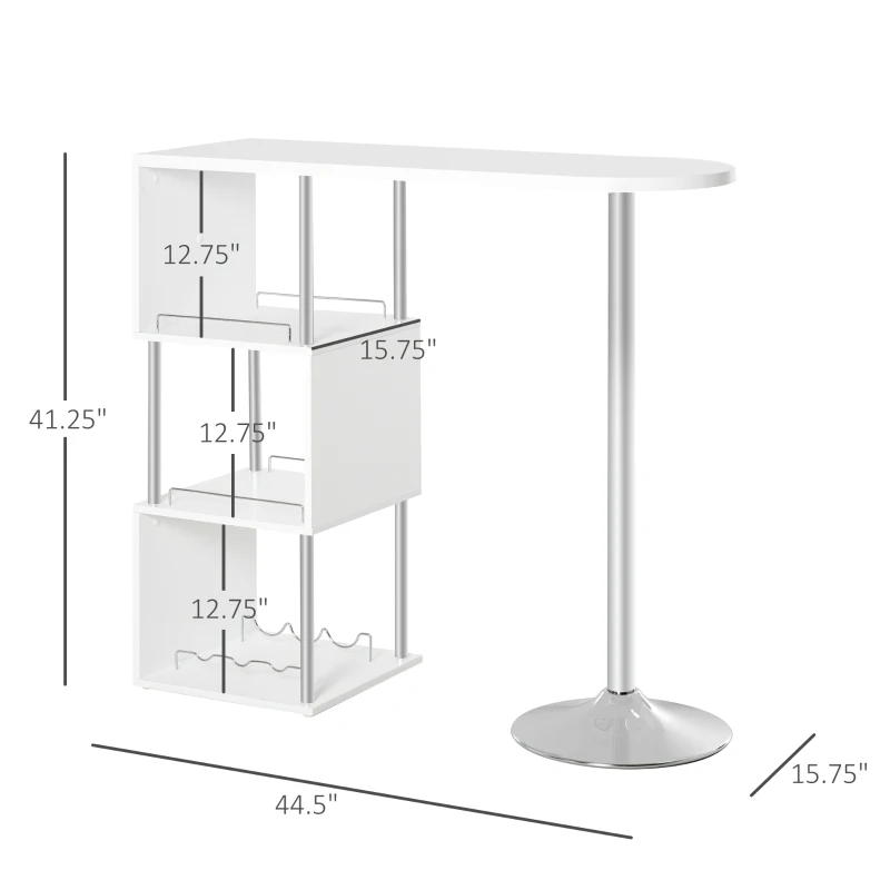 HOMCOM Modern Bar Table Accent Console Serving Buffet with 3-Bottle Wine Rack and Side Storage Shelf, White/Silver