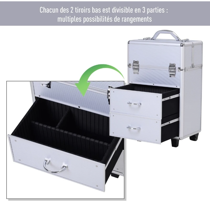 HOMCOM Professional Rolling Full Makeup Travel Train Case, Large Storage Cosmetic Trolley with Folding Trays, Drawer and Locks, Silver